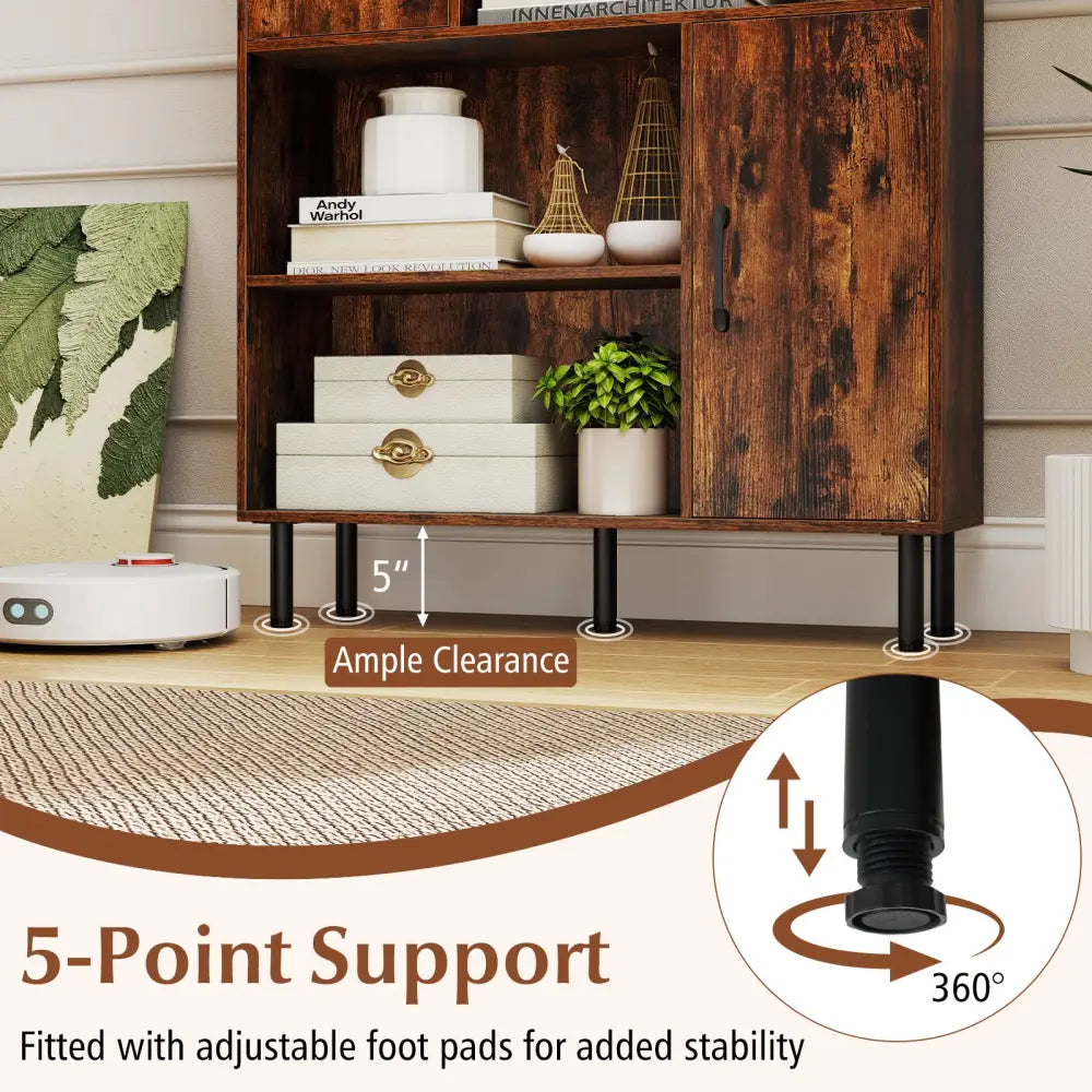 47 Inch Storage Cabinet Freestanding Bookcase with 2 Doors and 4 Open Shelves-Rustic Brown - Rustic Brown - Bookcases