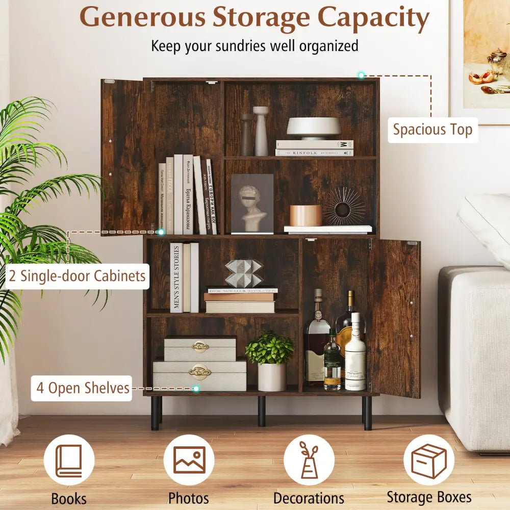 47 Inch Storage Cabinet Freestanding Bookcase with 2 Doors and 4 Open Shelves-Rustic Brown - Rustic Brown - Bookcases