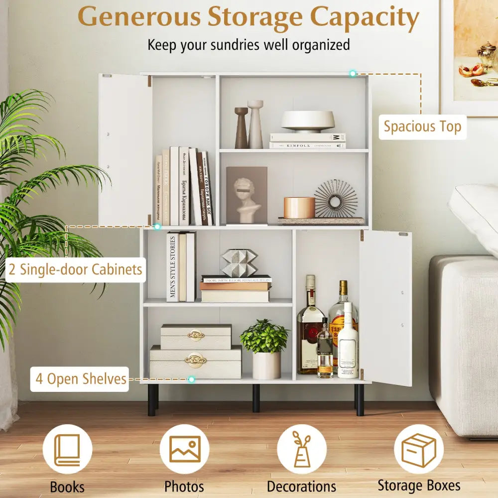 47 Inch Storage Cabinet Freestanding Bookcase with 2 Doors and 4 Open Shelves-White - White - Bookcases