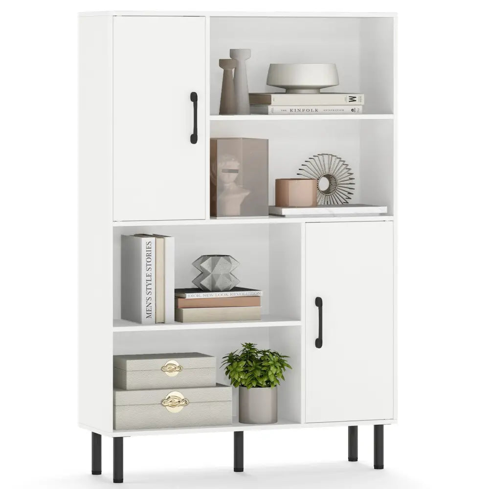 47 Inch Storage Cabinet Freestanding Bookcase with 2 Doors and 4 Open Shelves-White - White - Bookcases