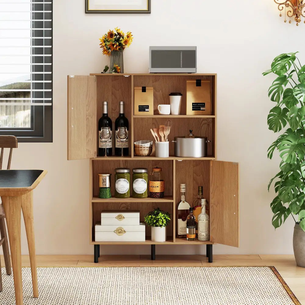 47 Inch Storage Cabinet Freestanding Bookcase with 2 Doors and 4 Open Shelves-Natural - Natural - Bookcases
