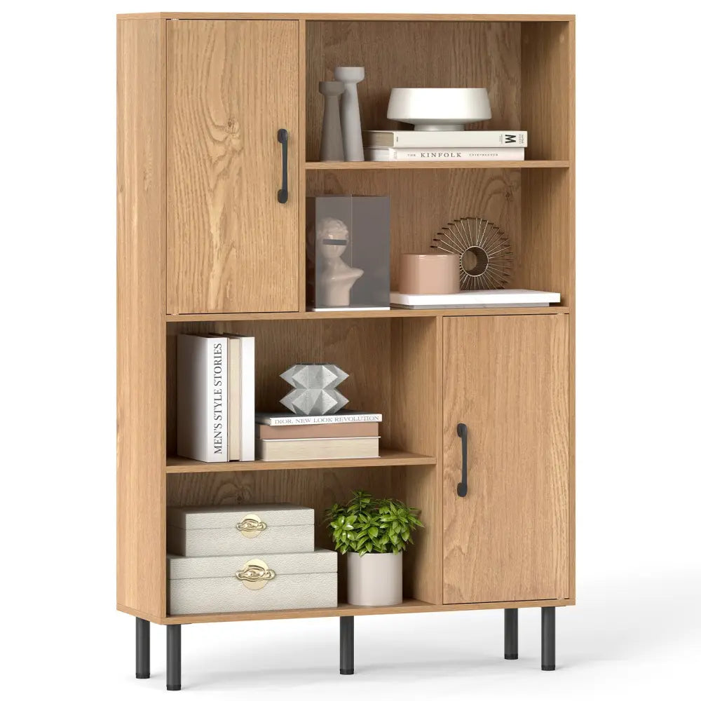 47 Inch Storage Cabinet Freestanding Bookcase with 2 Doors and 4 Open Shelves-Natural - Natural - Bookcases