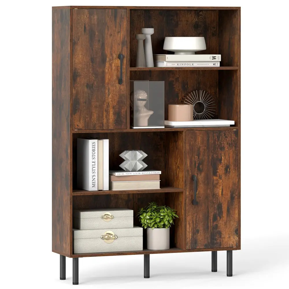 47 Inch Storage Cabinet Freestanding Bookcase with 2 Doors and 4 Open Shelves-Rustic Brown - Rustic Brown - Bookcases