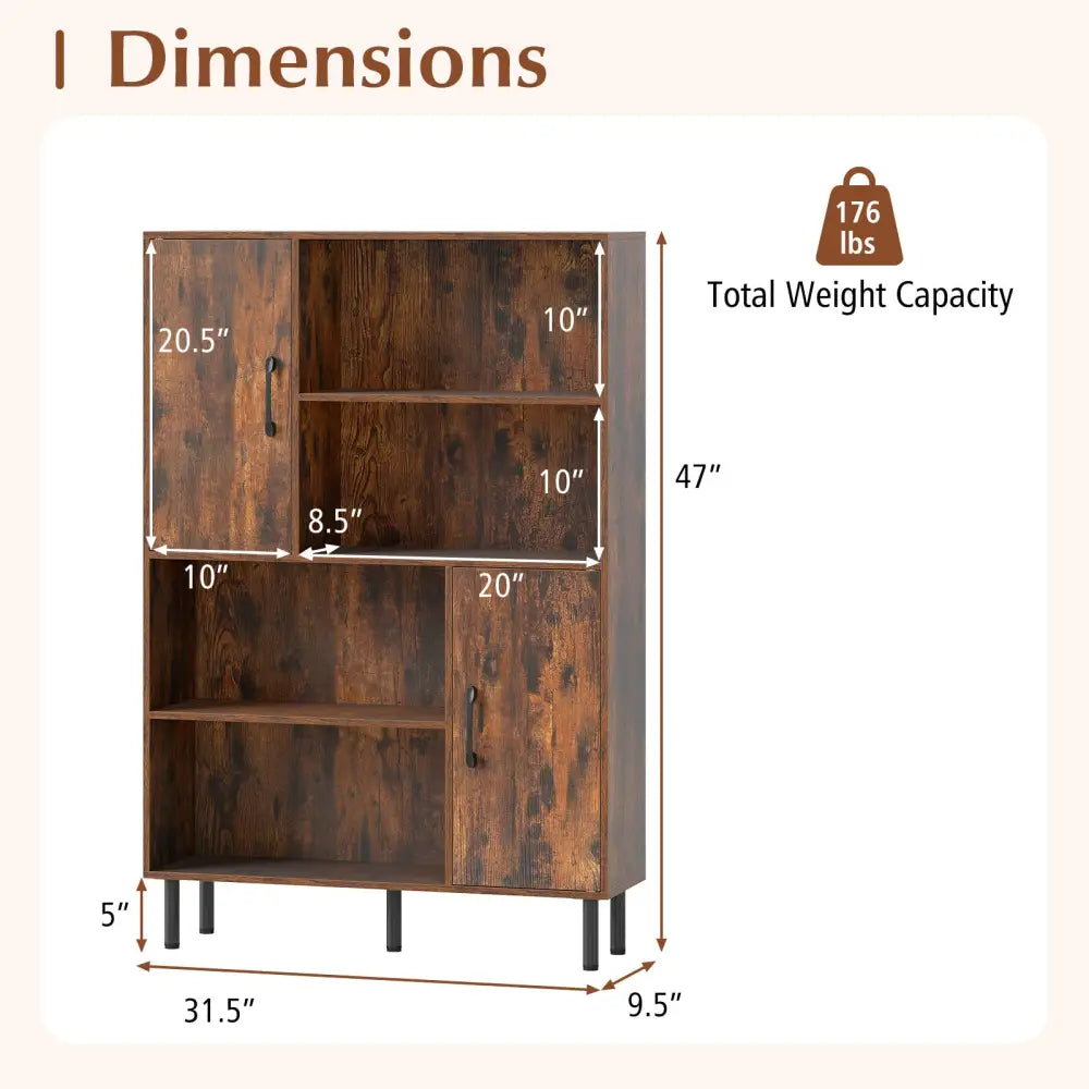47 Inch Storage Cabinet Freestanding Bookcase with 2 Doors and 4 Open Shelves-Rustic Brown - Rustic Brown - Bookcases