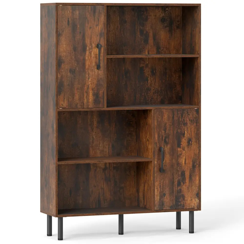 47 Inch Storage Cabinet Freestanding Bookcase with 2 Doors and 4 Open Shelves-Rustic Brown - Rustic Brown - Bookcases