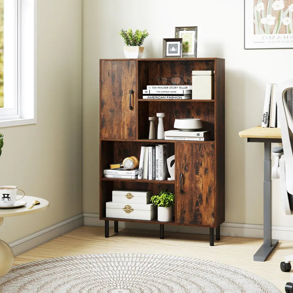 47 Inch Storage Cabinet Freestanding Bookcase with 2 Doors and 4 Open Shelves-Rustic Brown - Rustic Brown - Bookcases
