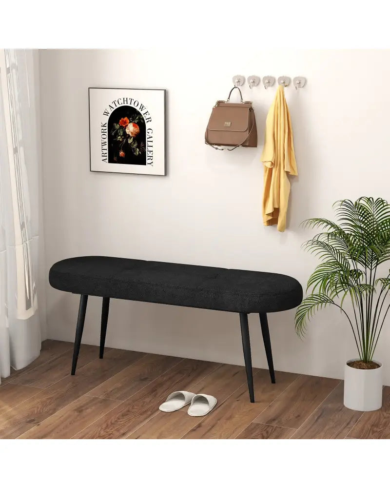 47 Inch Upholstered Entryway Bench with Heavy-duty Metal Frame-Black - Black - Shoe Racks & Storage Benches