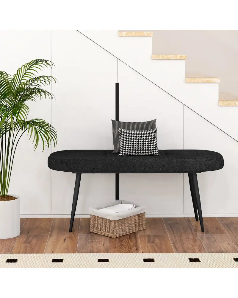 47 Inch Upholstered Entryway Bench with Heavy-duty Metal Frame-Black - Black - Shoe Racks & Storage Benches