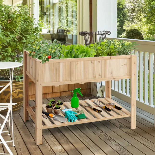 47 Inch Wooden Raised Garden Bed with Bottom Shelf and Bed Liner - Natural - Raised Garden Beds