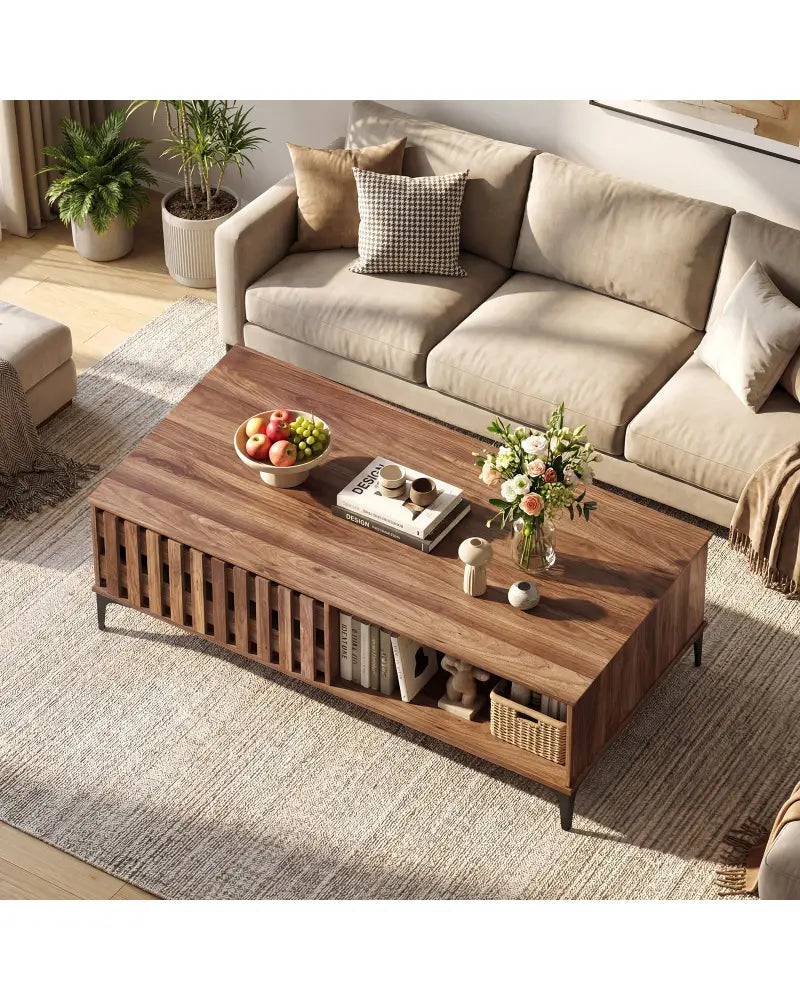 47 Inches Mid Century Coffee Table Farmhouse Wooden Center Table-Walnut - Walnut - Coffee Tables