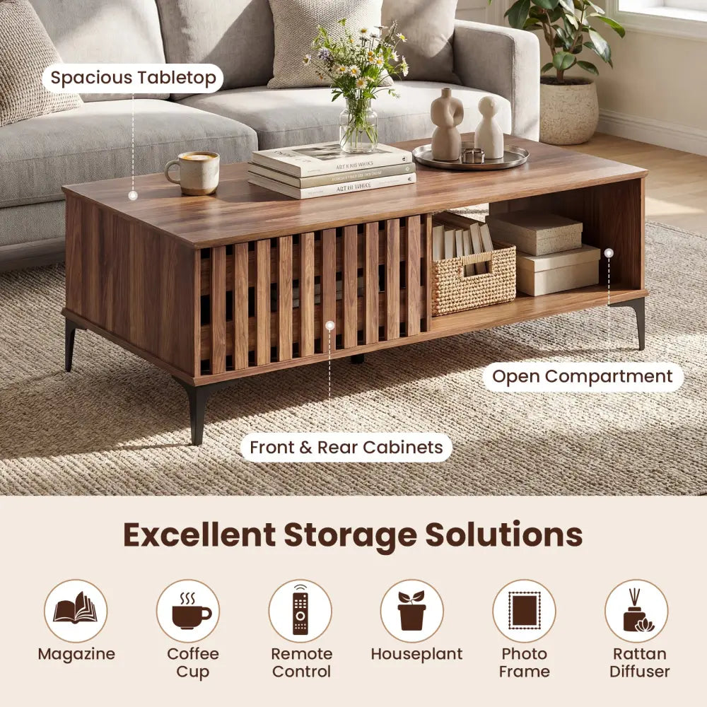 47 Inches Mid Century Coffee Table Farmhouse Wooden Center Table-Walnut - Walnut - Coffee Tables