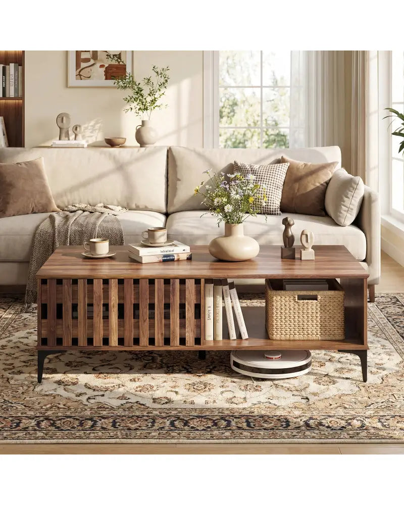 47 Inches Mid Century Coffee Table Farmhouse Wooden Center Table-Walnut - Walnut - Coffee Tables