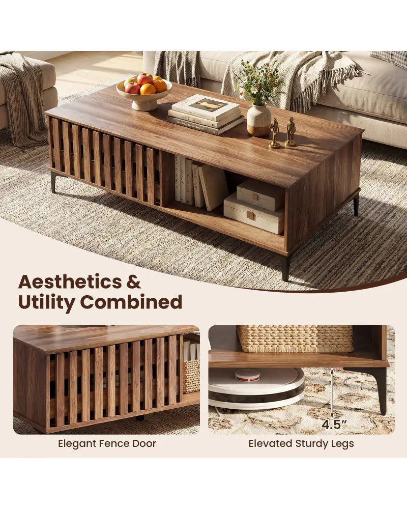47 Inches Mid Century Coffee Table Farmhouse Wooden Center Table-Walnut - Walnut - Coffee Tables