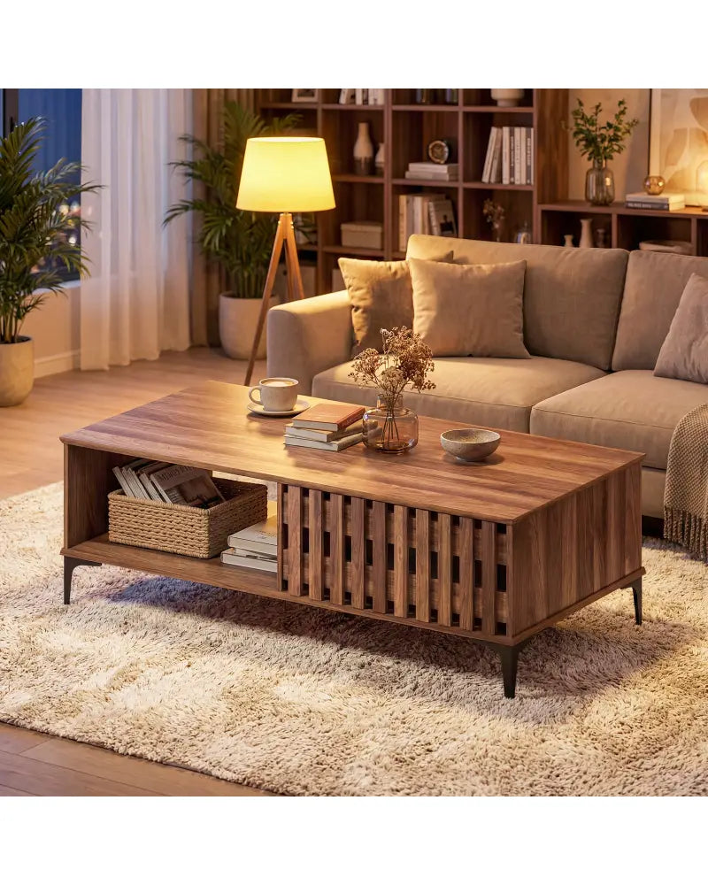 47 Inches Mid Century Coffee Table Farmhouse Wooden Center Table-Walnut - Walnut - Coffee Tables