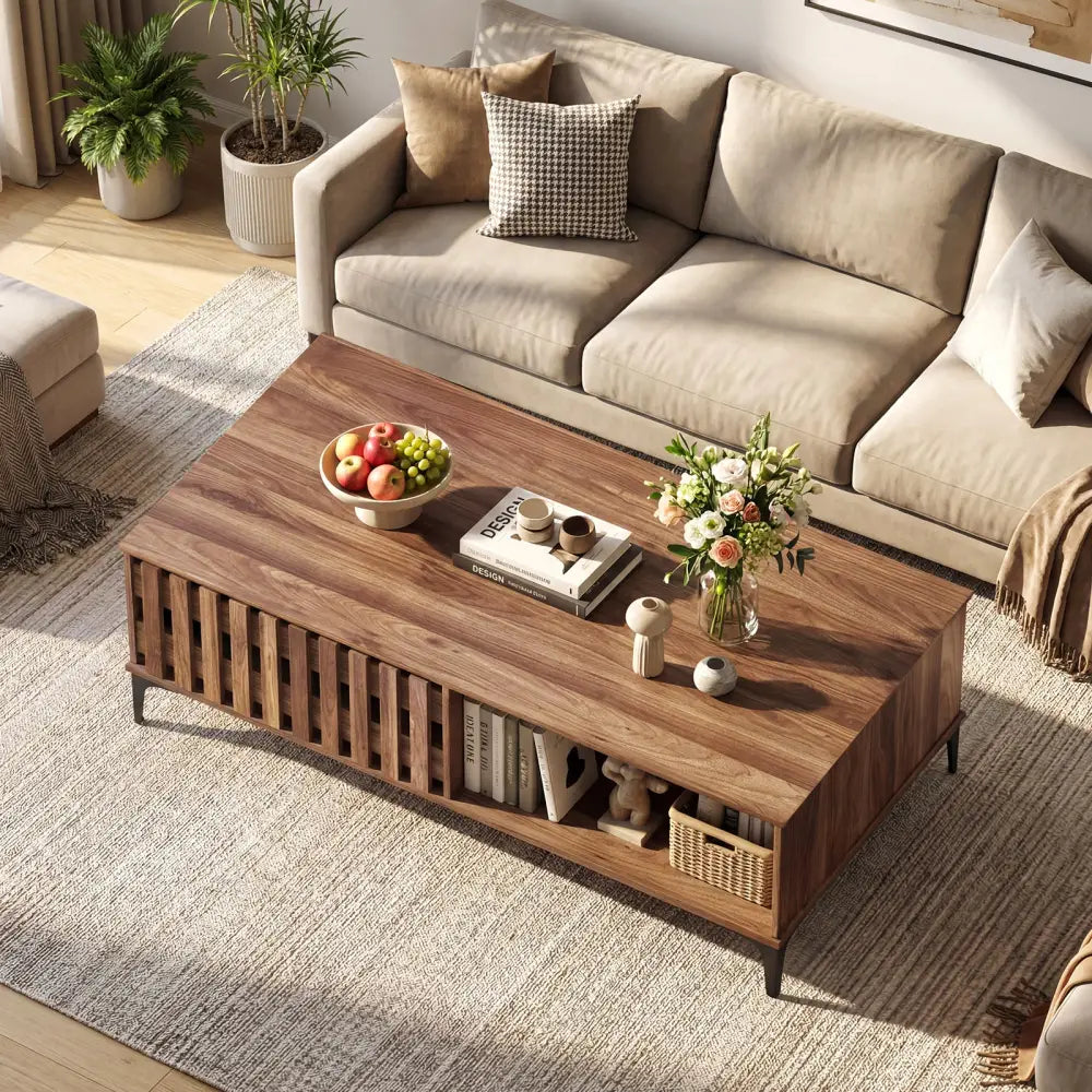 47 Inches Mid Century Coffee Table Farmhouse Wooden Center Table-Walnut - Walnut - Coffee Tables