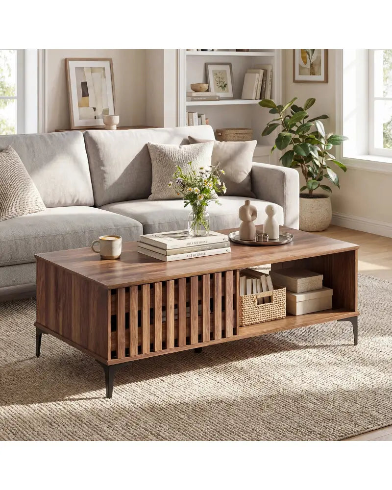 47 Inches Mid Century Coffee Table Farmhouse Wooden Center Table-Walnut - Walnut - Coffee Tables