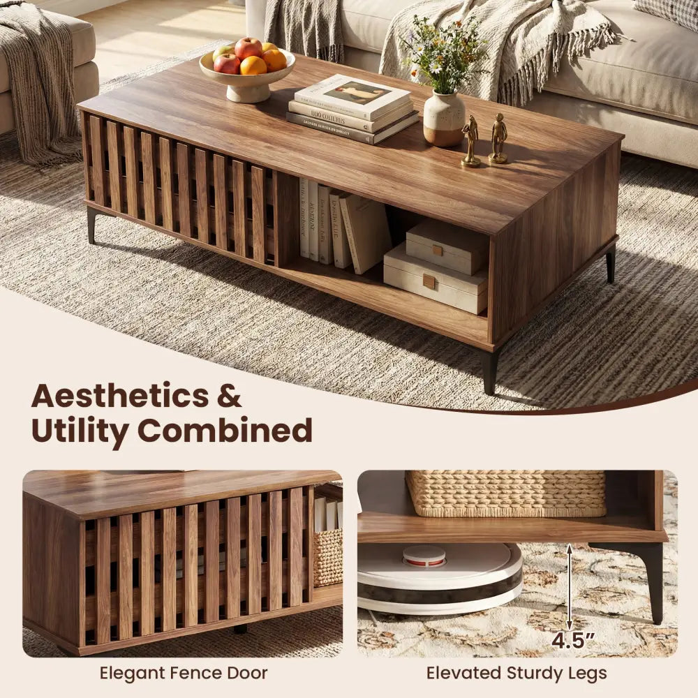 47 Inches Mid Century Coffee Table Farmhouse Wooden Center Table-Walnut - Walnut - Coffee Tables