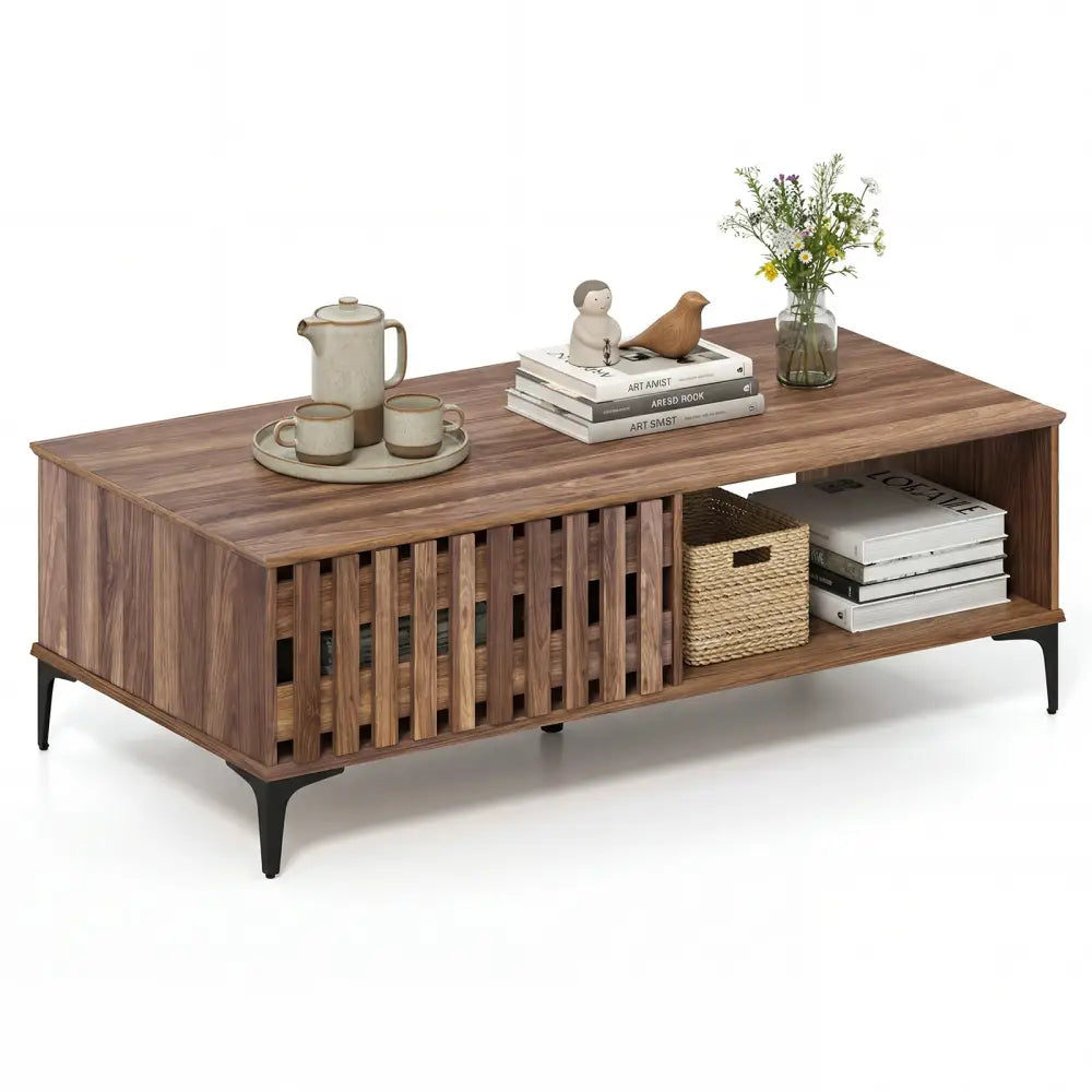 47 Inches Mid Century Coffee Table Farmhouse Wooden Center Table-Walnut - Walnut - Coffee Tables