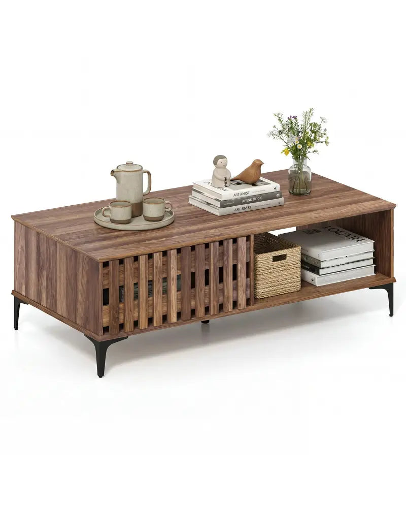47 Inches Mid Century Coffee Table Farmhouse Wooden Center Table-Walnut - Walnut - Coffee Tables