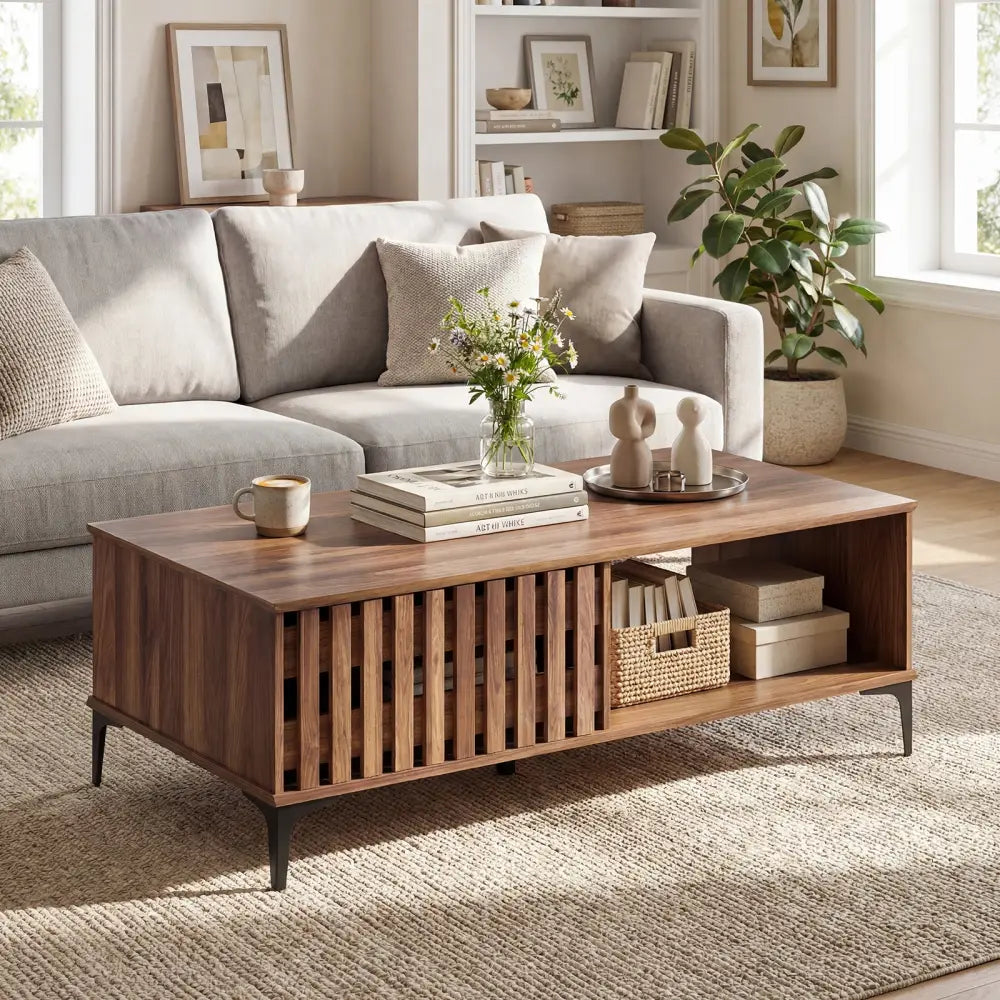 47 Inches Mid Century Coffee Table Farmhouse Wooden Center Table-Walnut - Walnut - Coffee Tables
