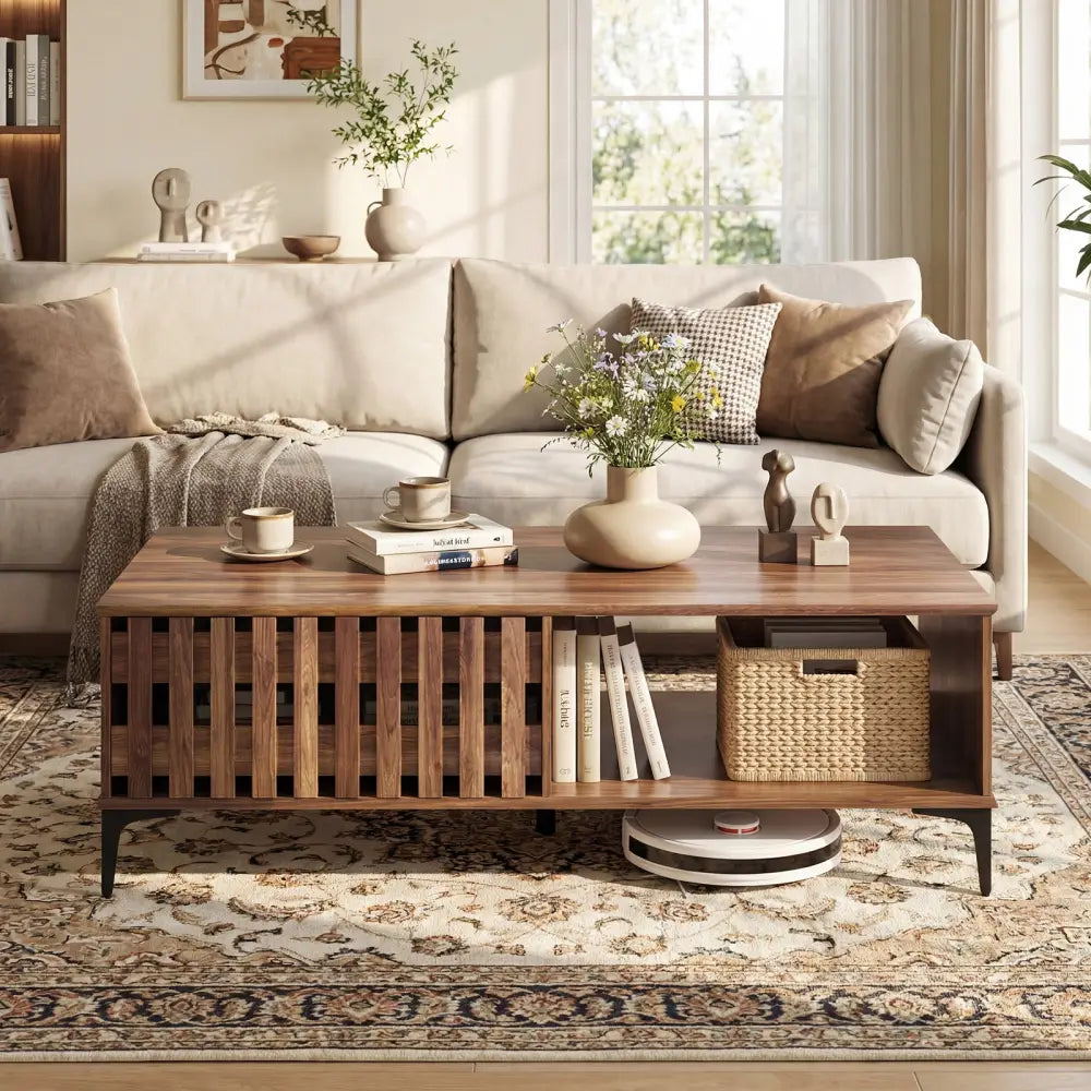 47 Inches Mid Century Coffee Table Farmhouse Wooden Center Table-Walnut - Walnut - Coffee Tables