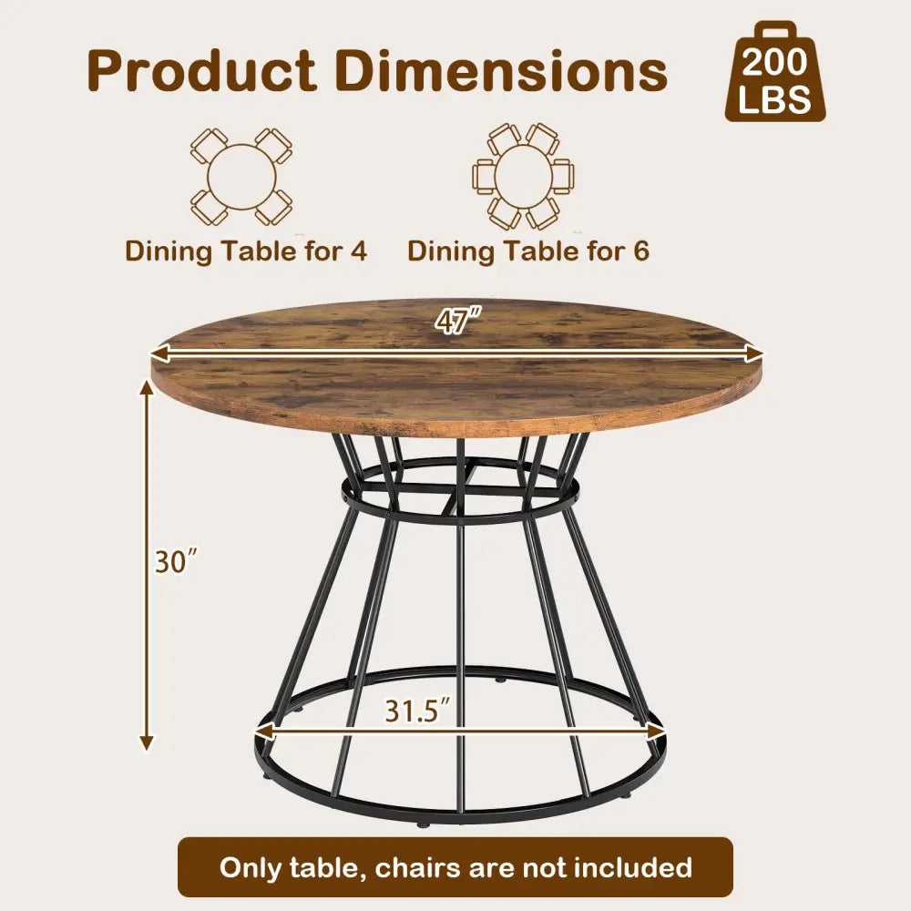47 Inches Round Dining Table for 4 Farmhouse Kitchen Table with Wooden Tabletop-Brown - Brown - Dining Tables