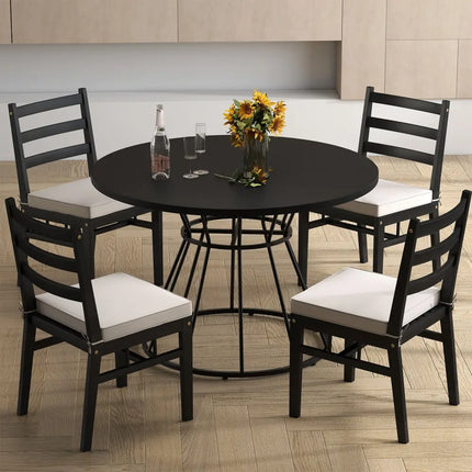 47 Inches Round Dining Table for 4 Farmhouse Kitchen Table with Wooden Tabletop-Black - Black - Dining Tables