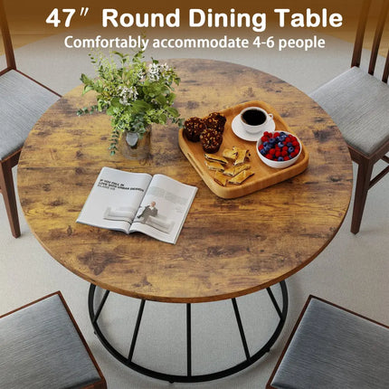 47 Inches Round Dining Table for 4 Farmhouse Kitchen Table with Wooden Tabletop-Brown - Brown - Dining Tables