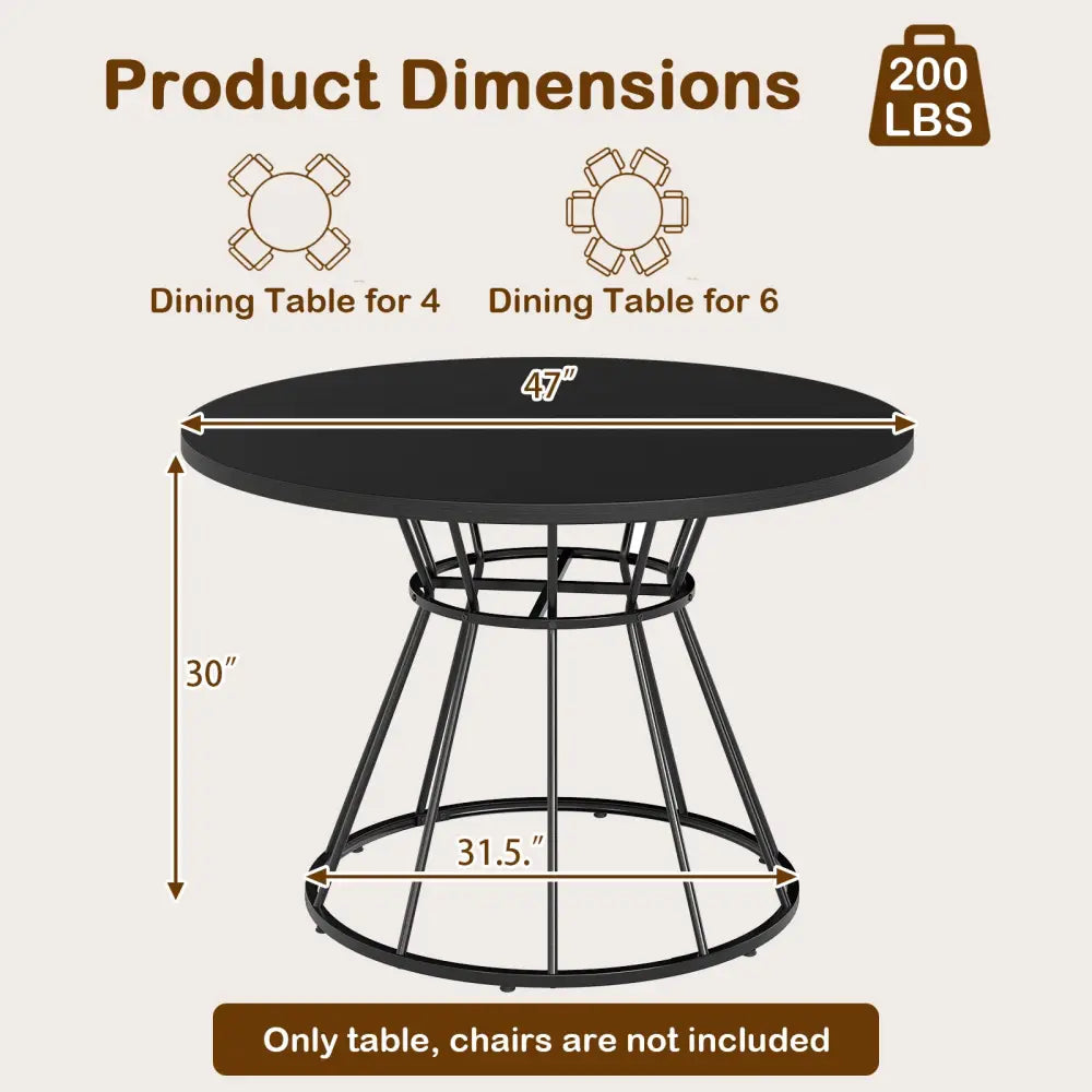 47 Inches Round Dining Table for 4 Farmhouse Kitchen Table with Wooden Tabletop-Black - Black - Dining Tables
