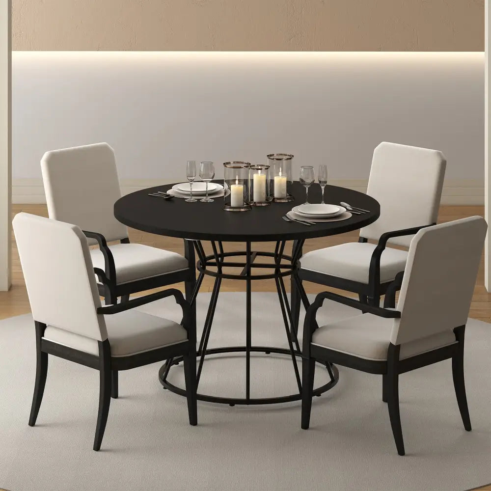 47 Inches Round Dining Table for 4 Farmhouse Kitchen Table with Wooden Tabletop-Black - Black - Dining Tables