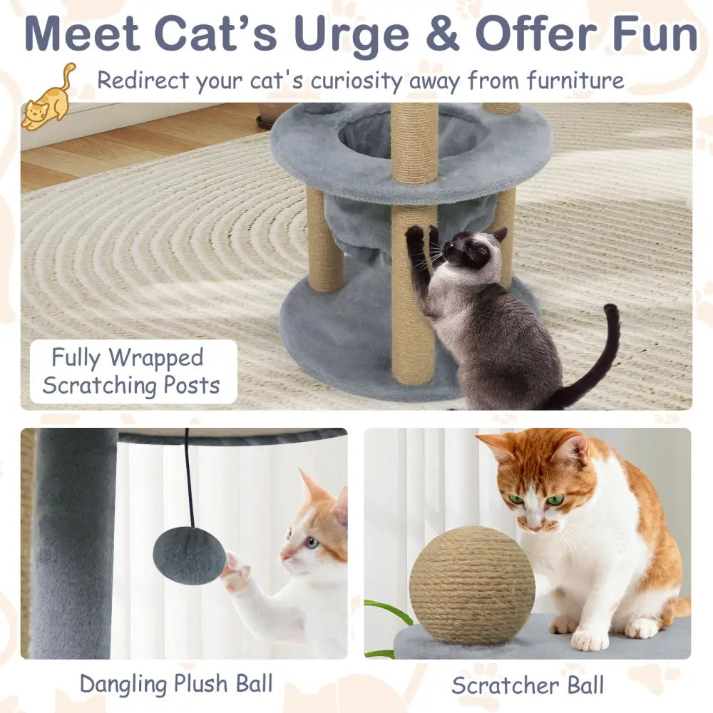 47 Inches Tall Cat Tower with Cat Nest and Scratching Posts-Gray - Gray - Cat Trees Condos & Scratchers
