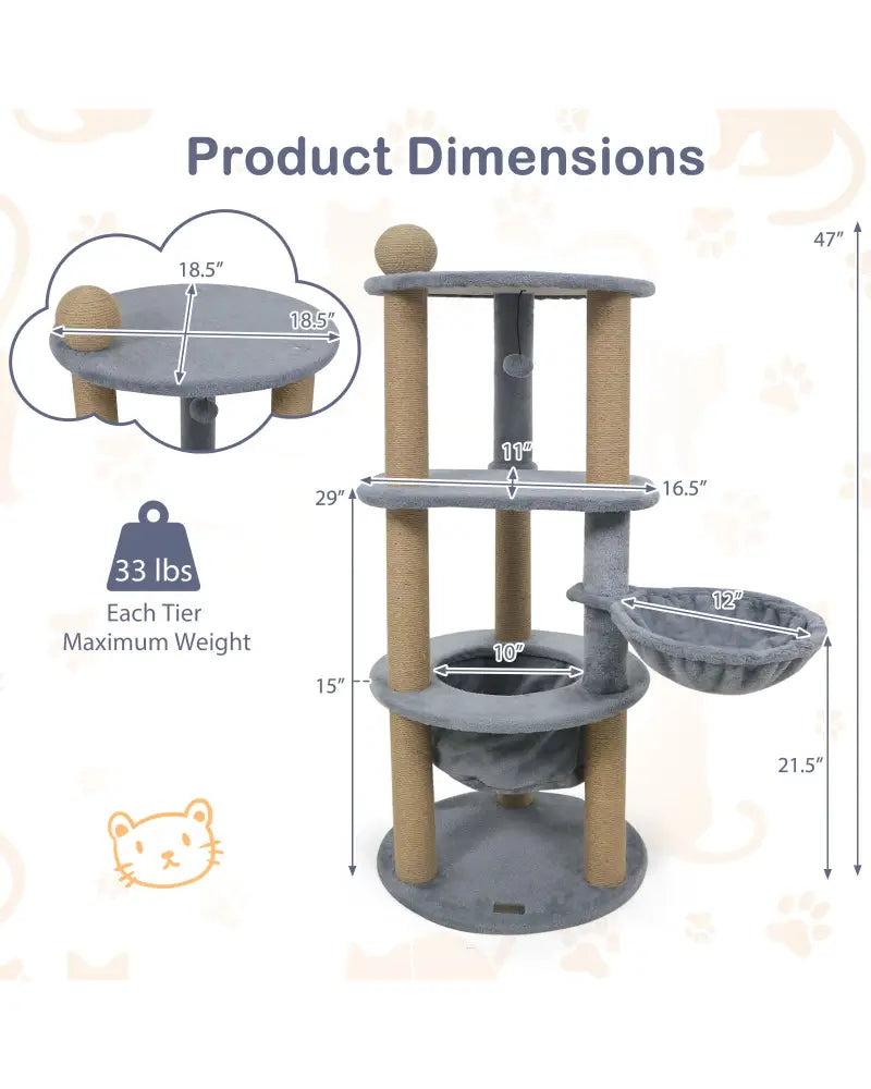 47 Inches Tall Cat Tower with Cat Nest and Scratching Posts-Gray - Gray - Cat Trees Condos & Scratchers
