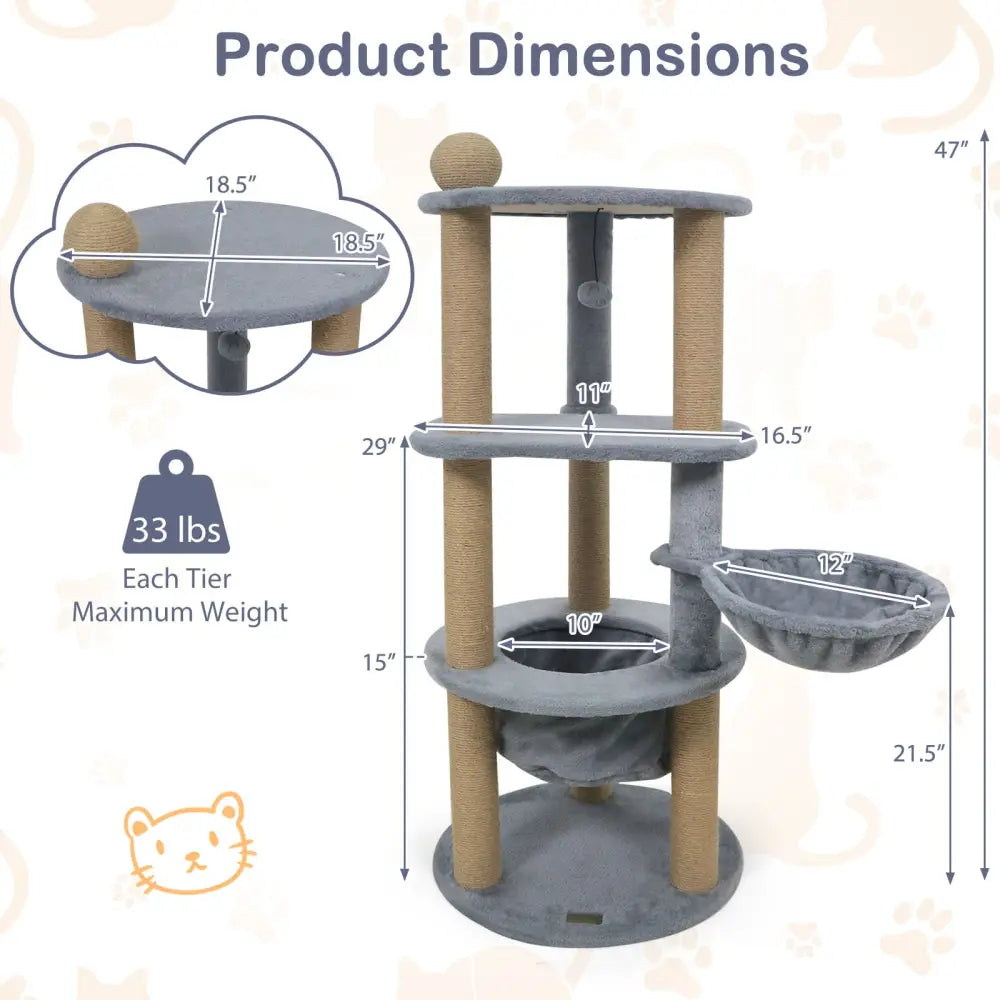 47 Inches Tall Cat Tower with Cat Nest and Scratching Posts-Gray - Gray - Cat Trees Condos & Scratchers