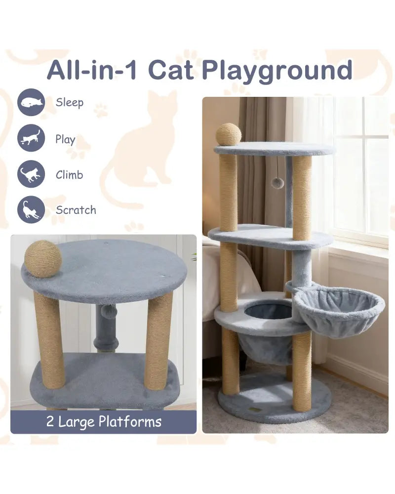 47 Inches Tall Cat Tower with Cat Nest and Scratching Posts-Gray - Gray - Cat Trees Condos & Scratchers