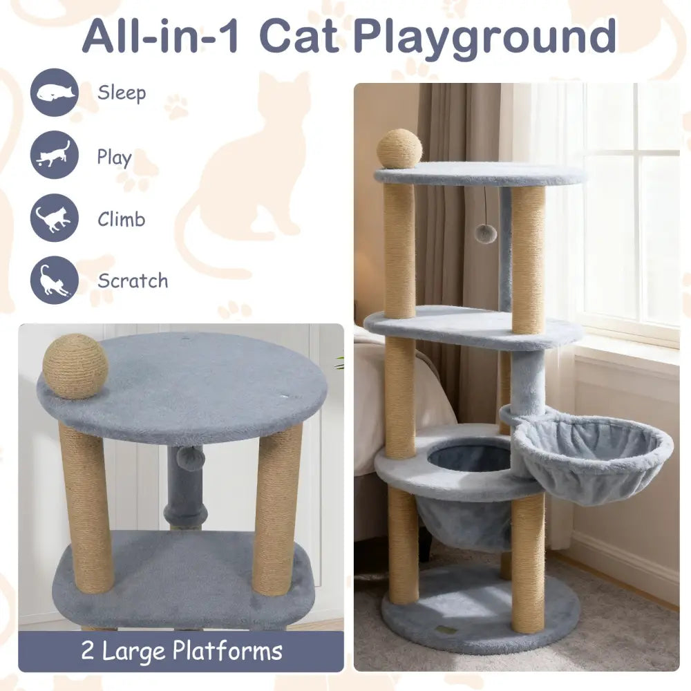 47 Inches Tall Cat Tower with Cat Nest and Scratching Posts-Gray - Gray - Cat Trees Condos & Scratchers