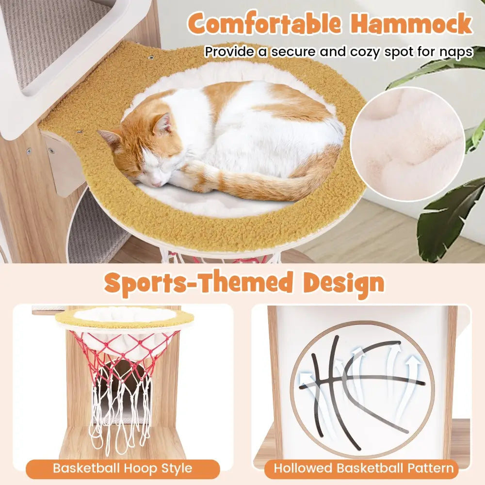 47 Inches Wooden Cat Tree with 2-Story Cat Condo and Basketball Hoop Hammock-Natural - Natural - Cat Trees Condos &
