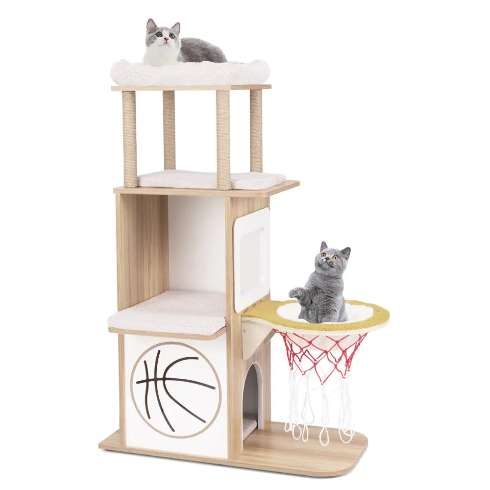 47 Inches Wooden Cat Tree with 2-Story Cat Condo and Basketball Hoop Hammock-Natural - Natural - Cat Trees Condos &