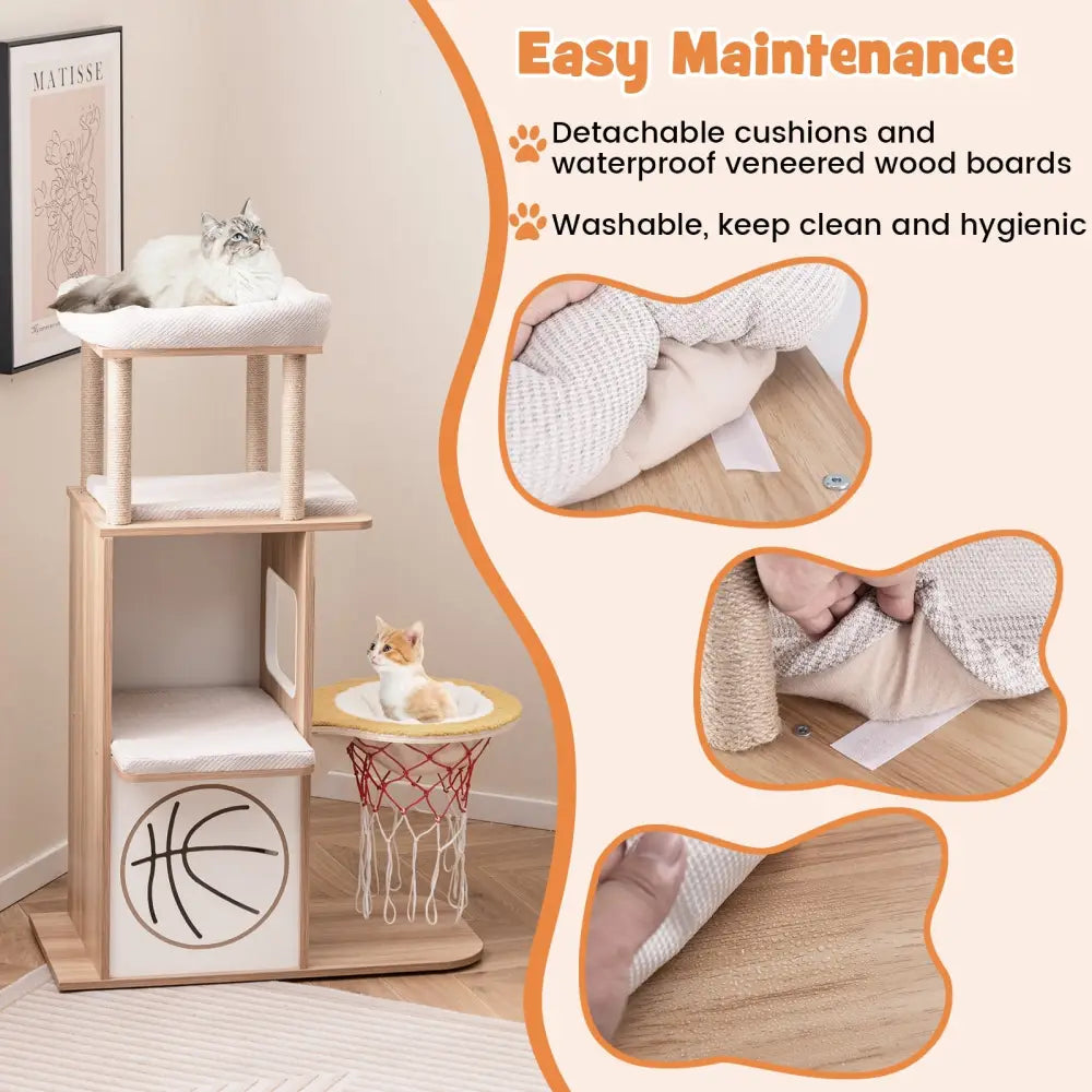 47 Inches Wooden Cat Tree with 2-Story Cat Condo and Basketball Hoop Hammock-Natural - Natural - Cat Trees Condos &