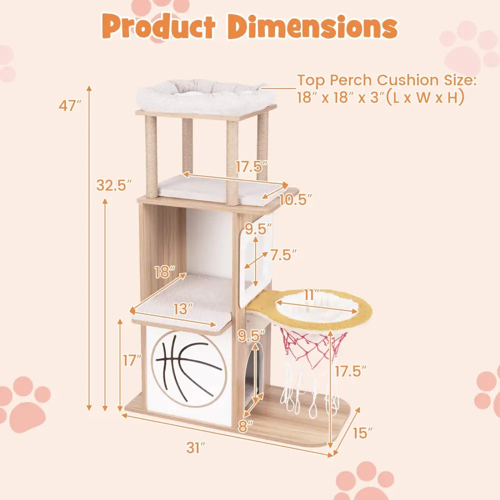 47 Inches Wooden Cat Tree with 2-Story Cat Condo and Basketball Hoop Hammock-Natural - Natural - Cat Trees Condos &