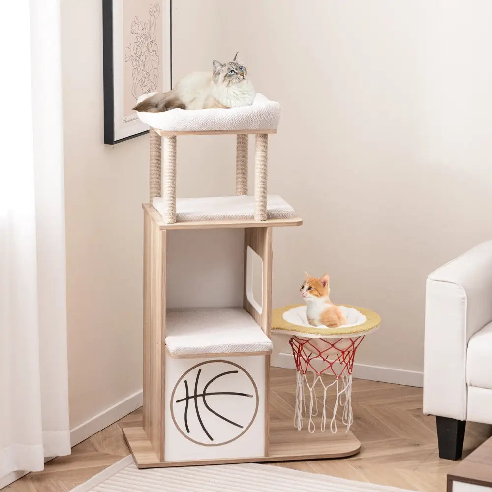 47 Inches Wooden Cat Tree with 2-Story Cat Condo and Basketball Hoop Hammock-Natural - Natural - Cat Trees Condos &