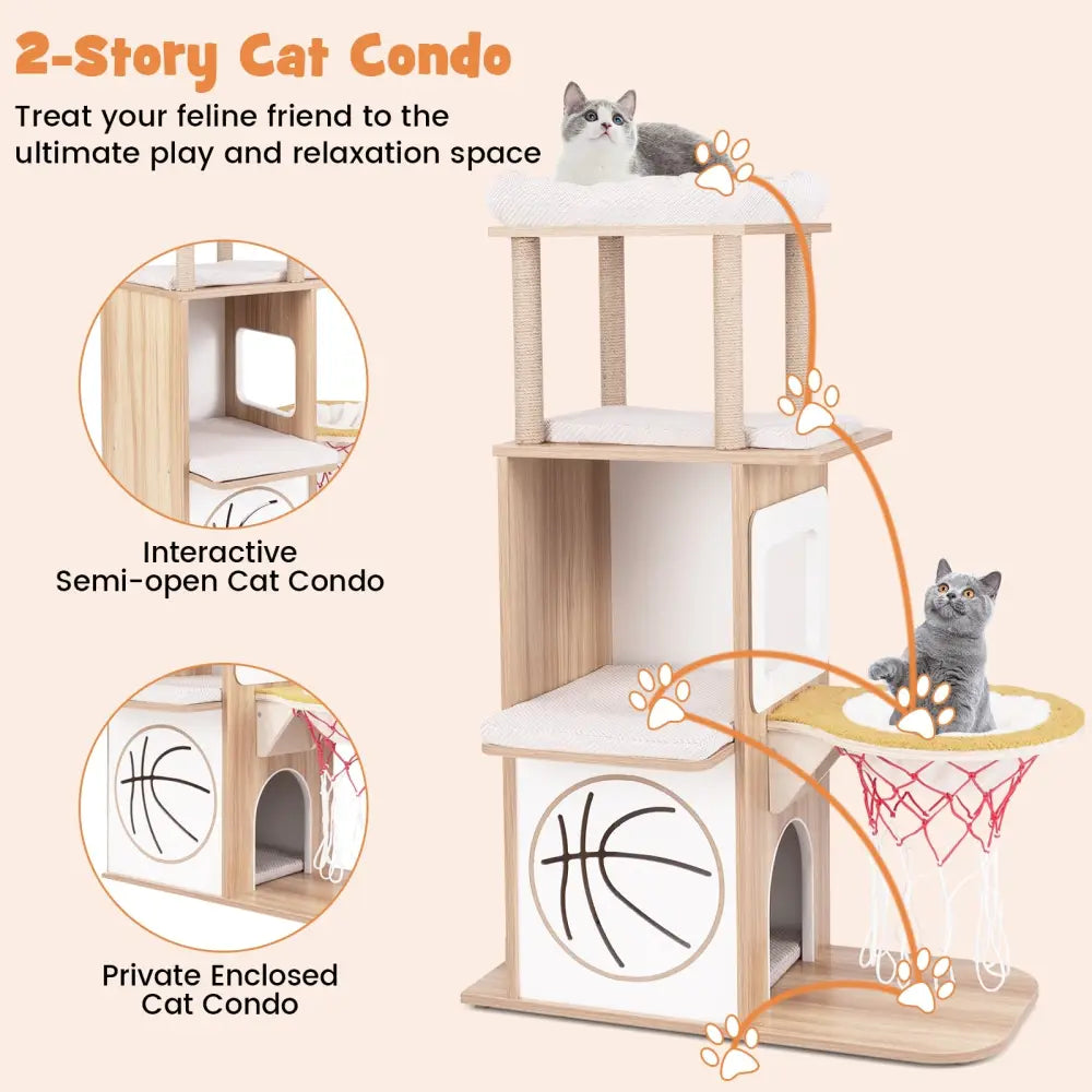 47 Inches Wooden Cat Tree with 2-Story Cat Condo and Basketball Hoop Hammock-Natural - Natural - Cat Trees Condos &