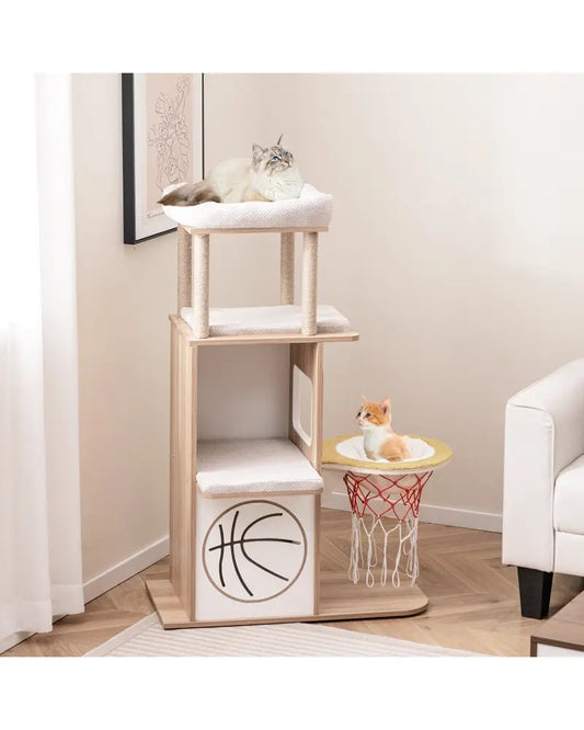47 Inches Wooden Cat Tree with 2-Story Cat Condo and Basketball Hoop Hammock-Natural - Natural - Cat Trees Condos &