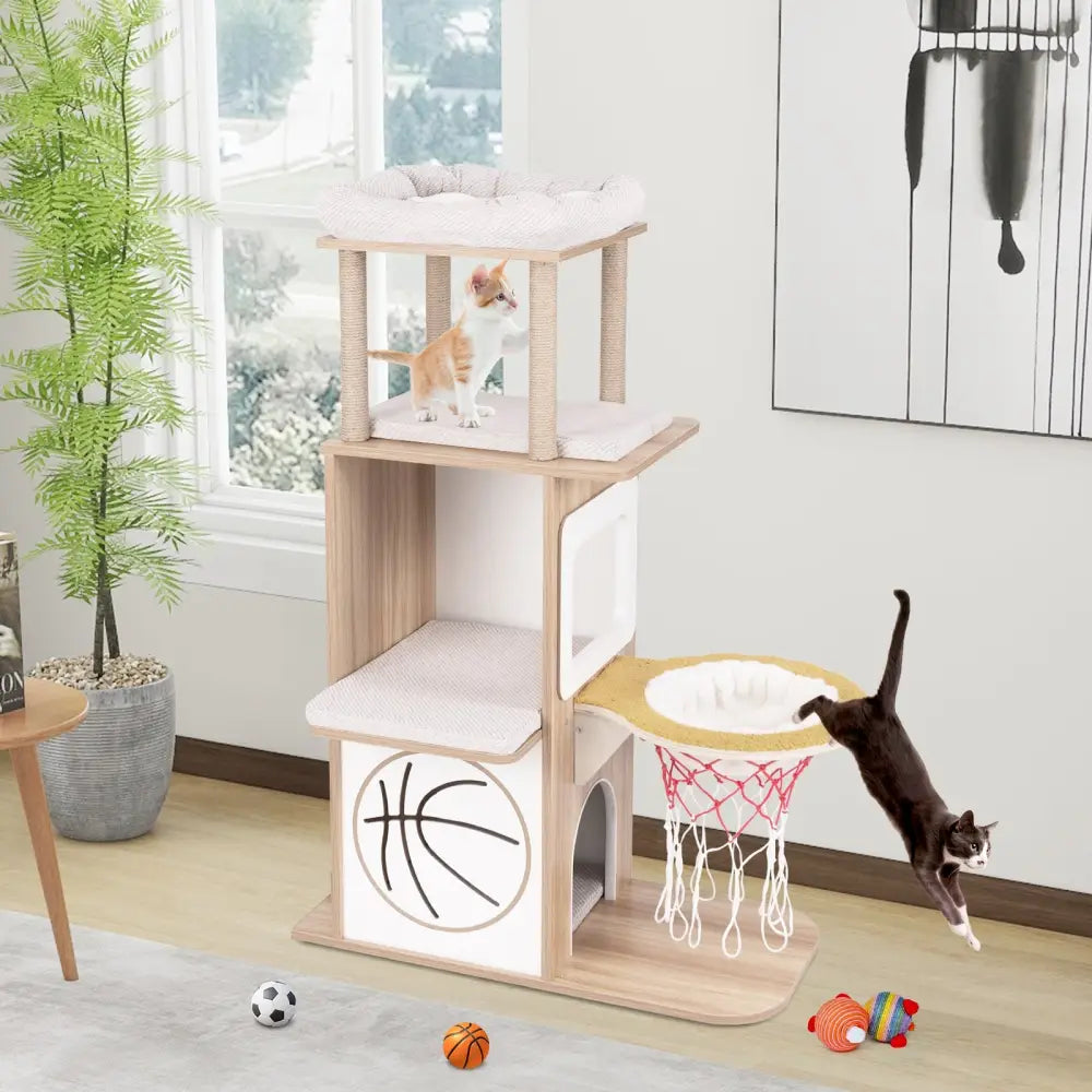 47 Inches Wooden Cat Tree with 2-Story Cat Condo and Basketball Hoop Hammock-Natural - Natural - Cat Trees Condos &
