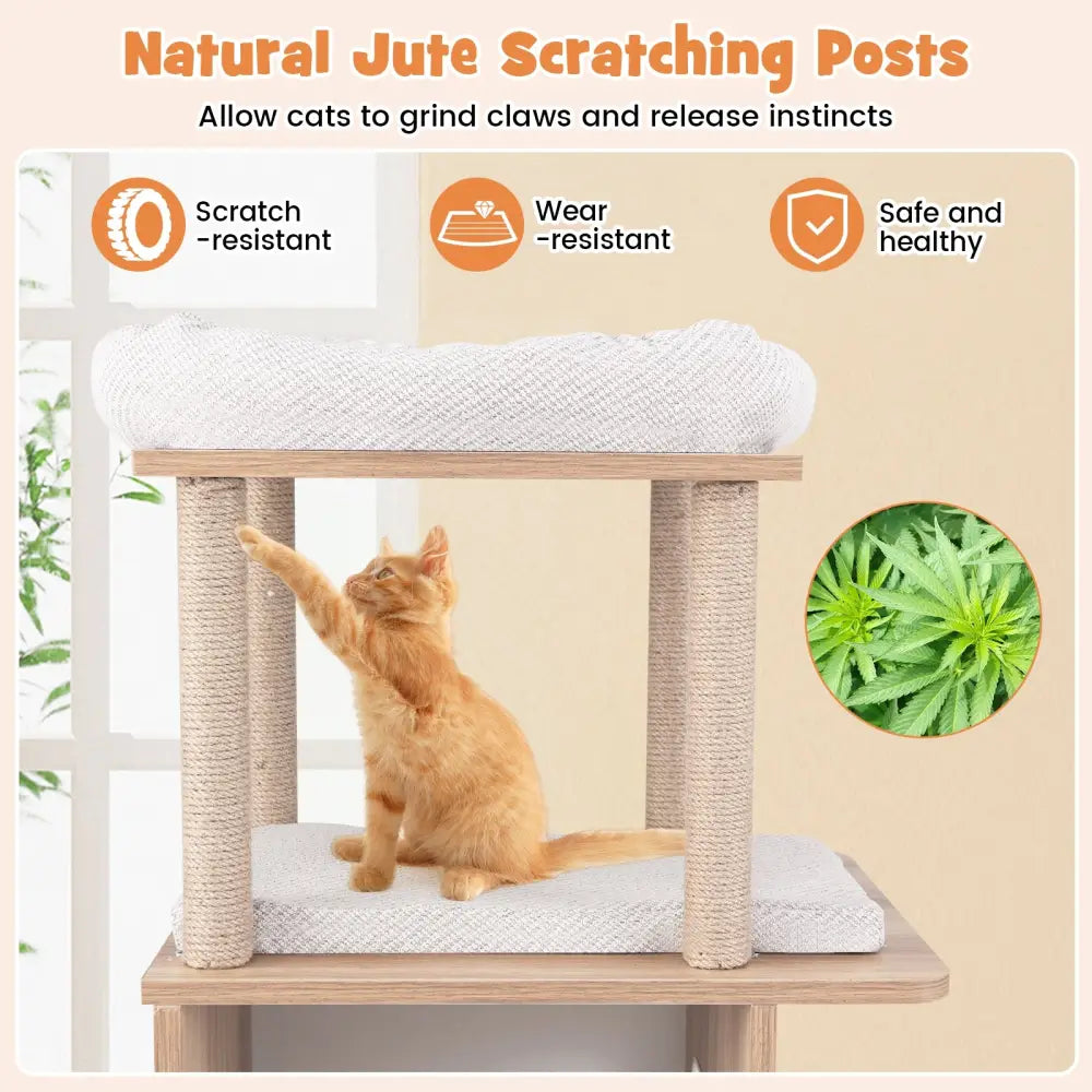47 Inches Wooden Cat Tree with 2-Story Cat Condo and Basketball Hoop Hammock-Natural - Natural - Cat Trees Condos &