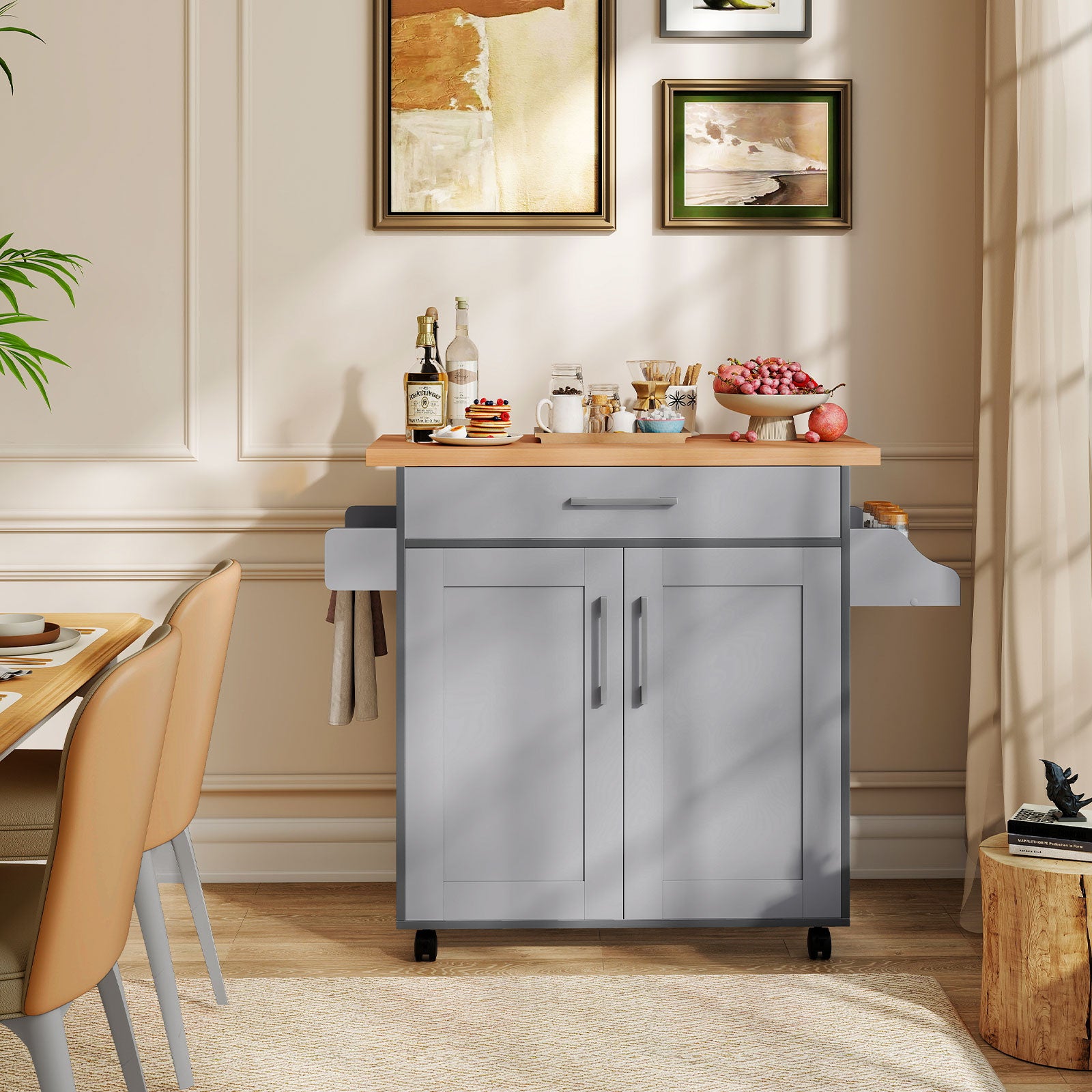 Rolling Kitchen Island Cart with Towel and Spice Rack-Gray