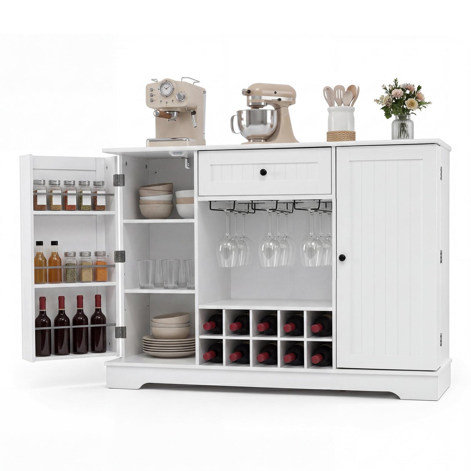 47.2 Inch Sideboard Cabinet with Door Shelves and 10-Bottle Wine Rack-White