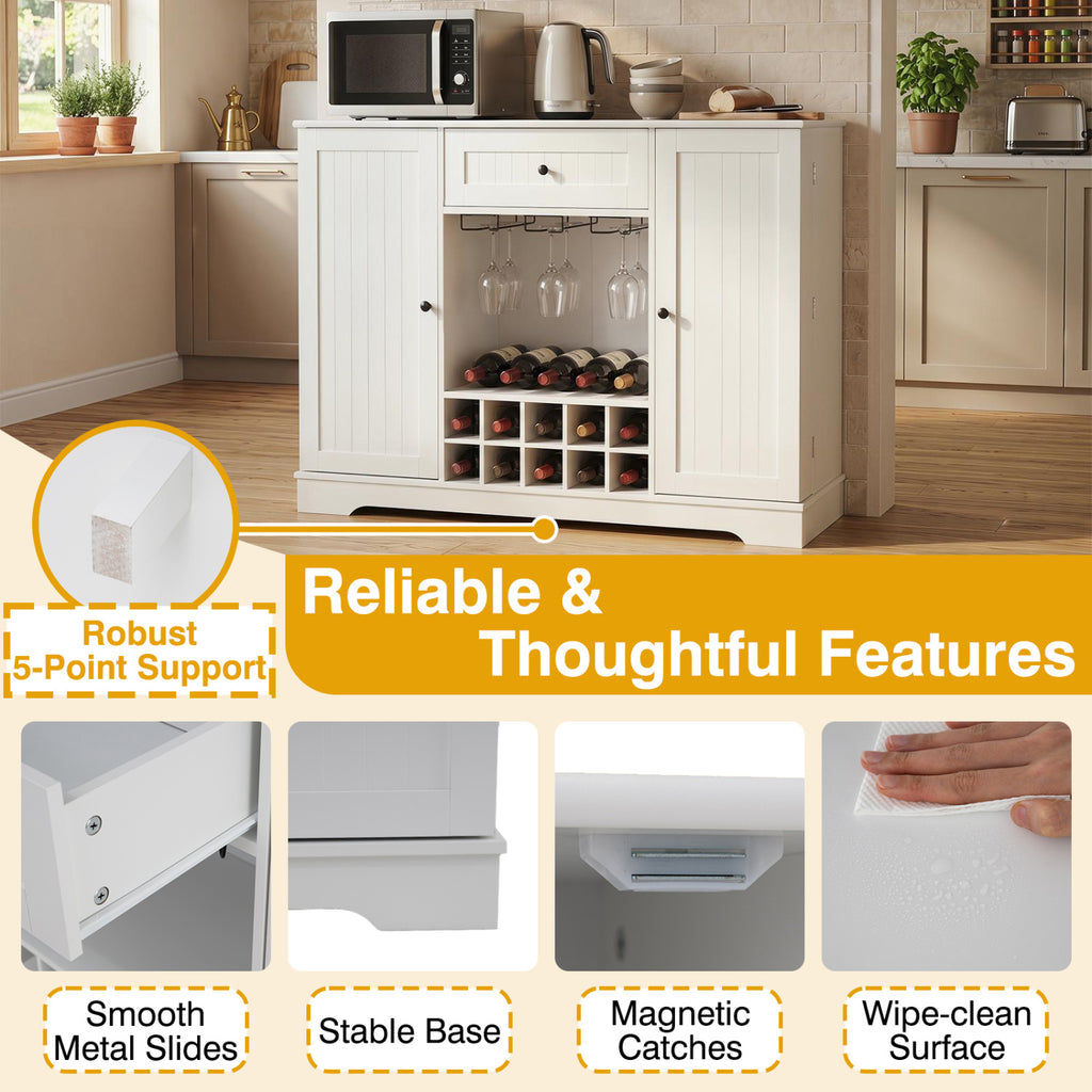 47.2 Inch Sideboard Cabinet with Door Shelves and 10-Bottle Wine Rack-White