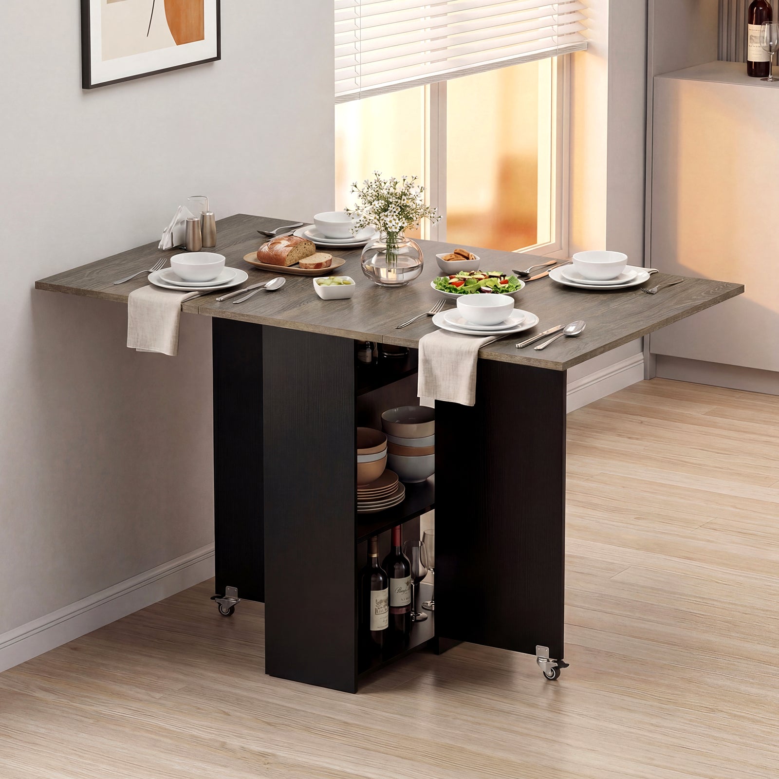 47.5 Inch Farmhouse Extendable Wooden Dinner Table with Lockable Wheels-Oak