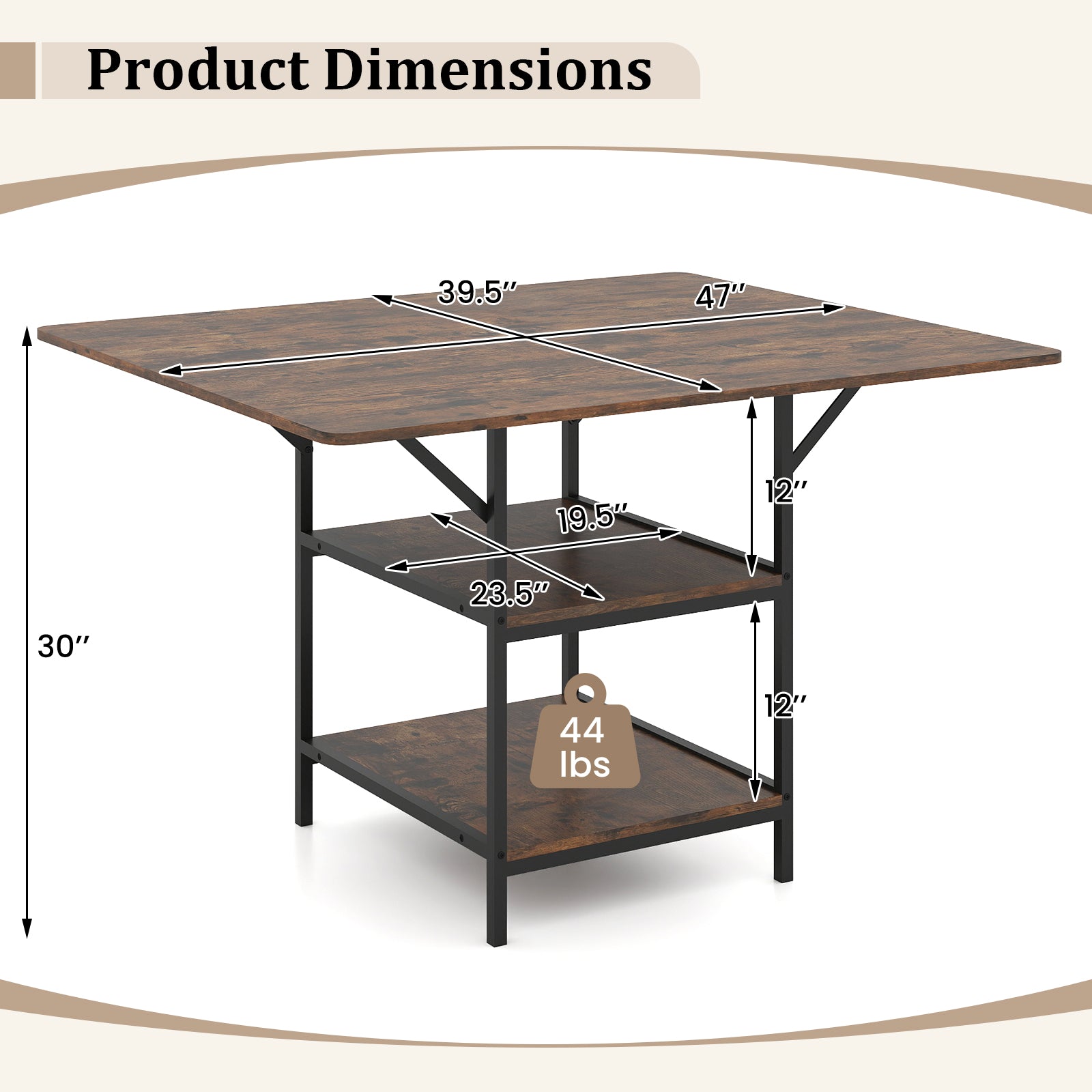 47 Inch Rectangular Dining Table with 2 Open Storage Shelves and Sturdy Metal Legs for 4-6-Rustic Brown