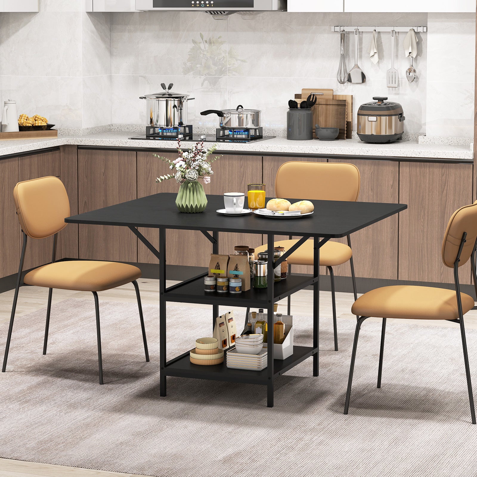 47 Inch Rectangular Dining Table with 2 Open Storage Shelves and Sturdy Metal Legs for 4-6-Black